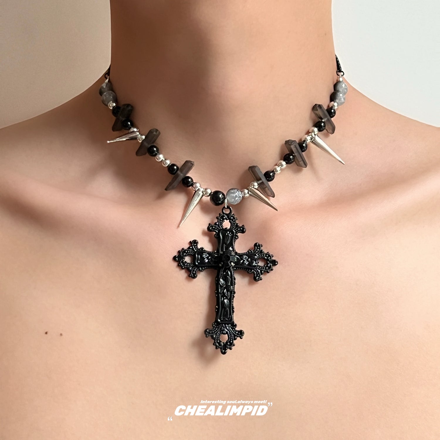 Cross Pendant Rivet Spike Bead Necklace