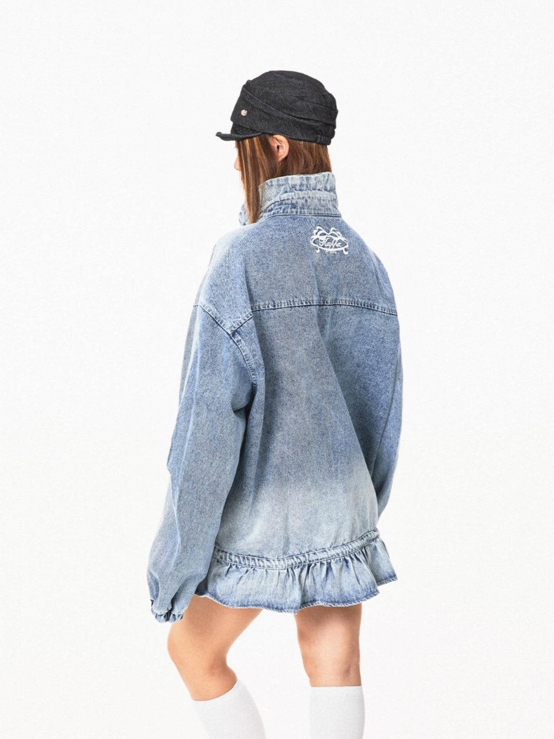 Denim Stand Collar Jacket with Ruffled Hem