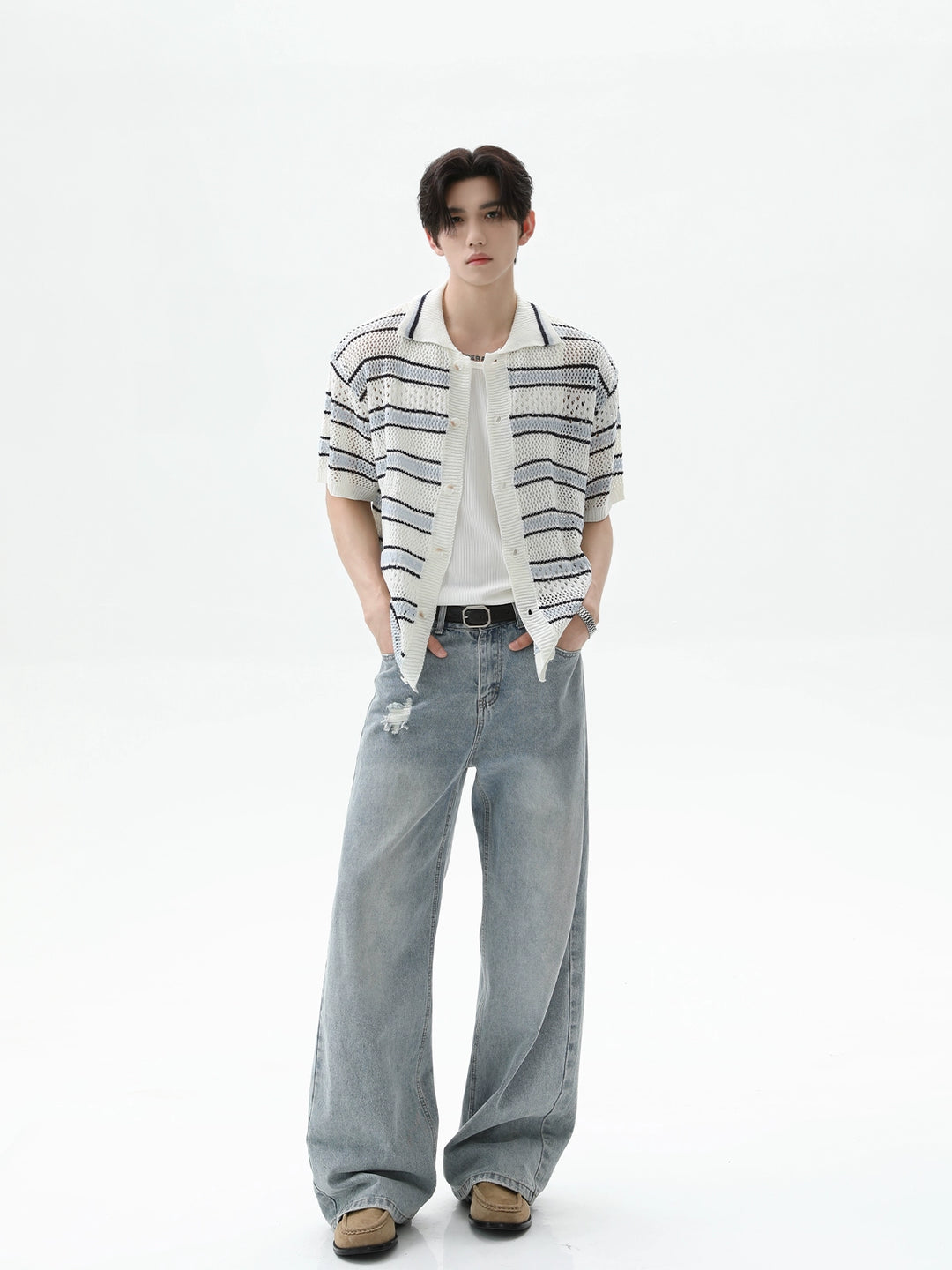 Hollow Knit Striped Short Sleeve Cardigan