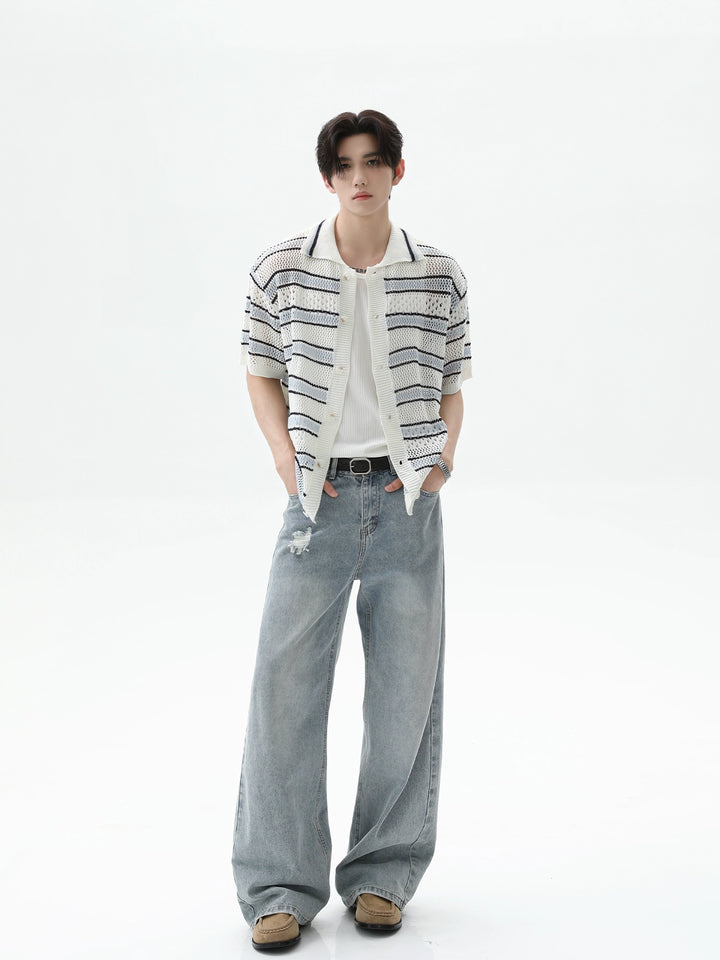 Hollow Knit Striped Short Sleeve Cardigan
