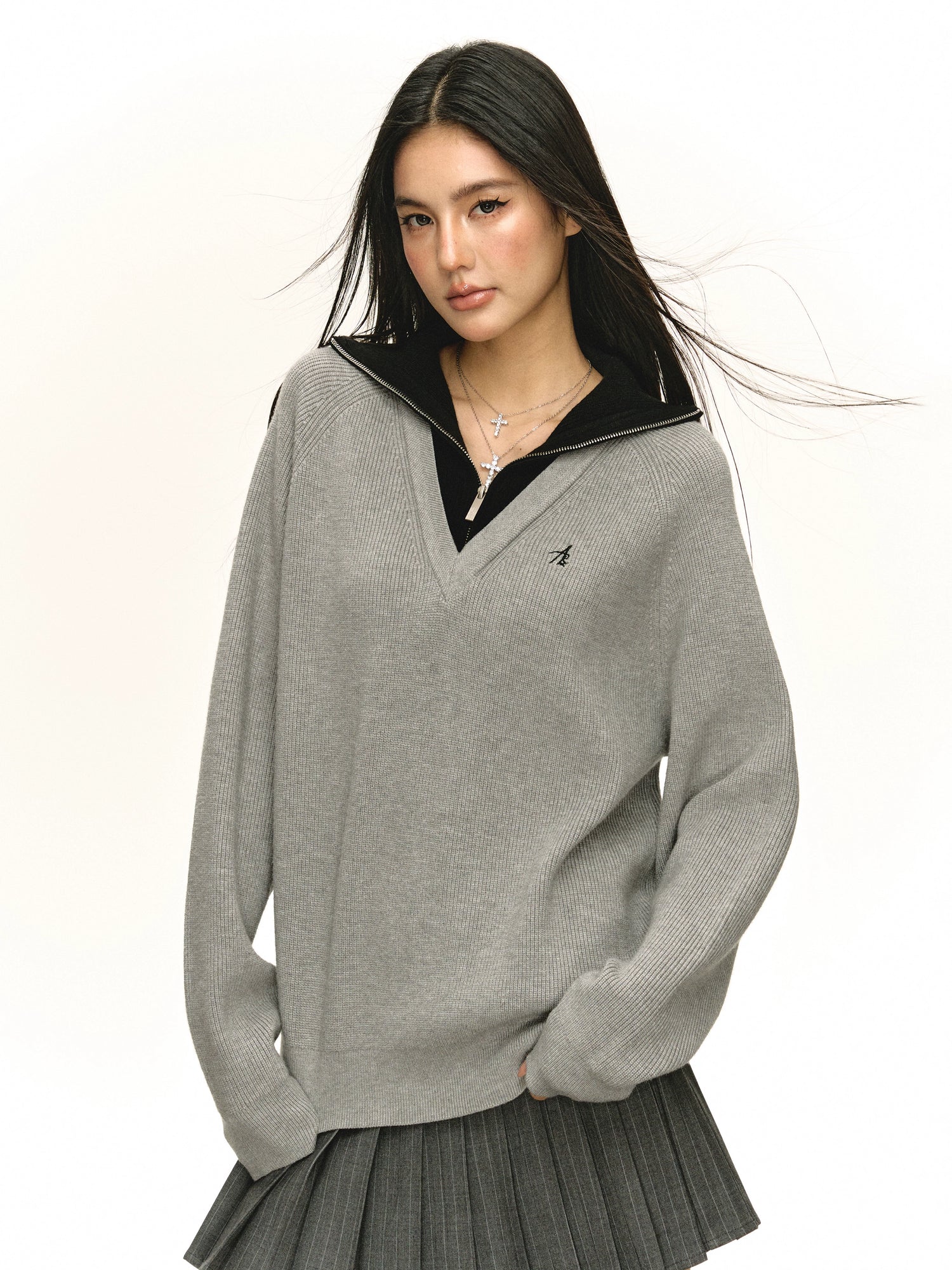 Zip-Collar Knit Loose Sweatshirt