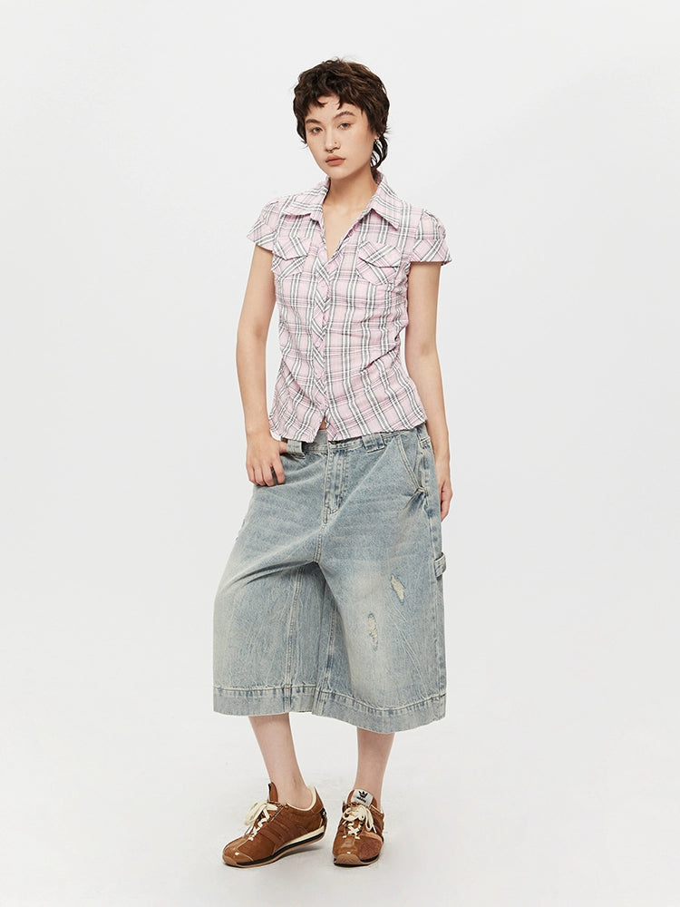 Chemise ajustée à boutons à manches courtes à carreaux 