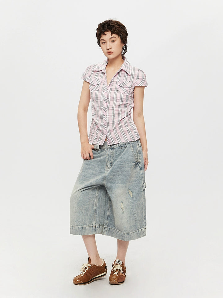 Chemise ajustée à boutons à manches courtes à carreaux 