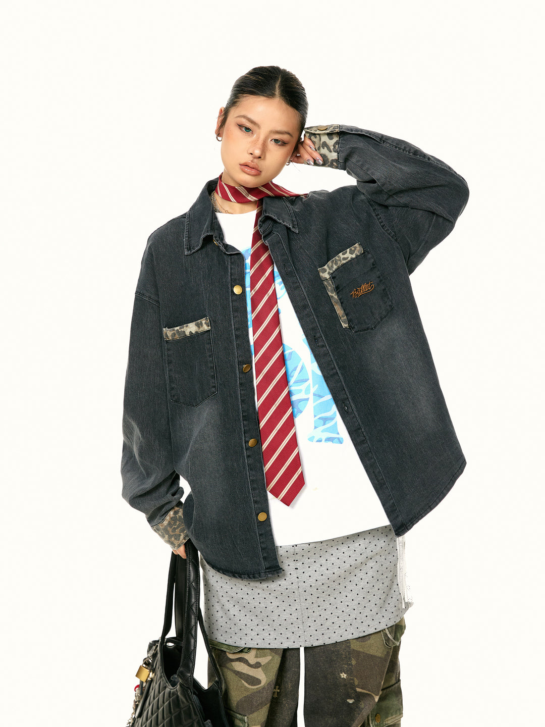 Loose Denim Leopard Print Shirt Jacket