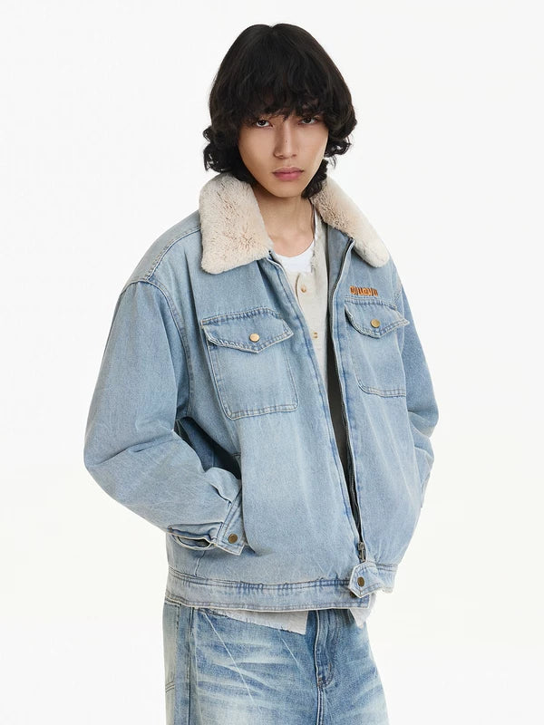 Fleece-fodrad lammullskrage denimjacka 