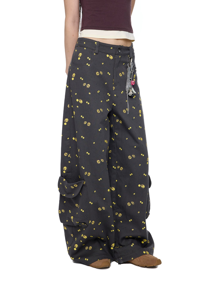 Daisy Print Wijde-Pijpen Pocket Broek 