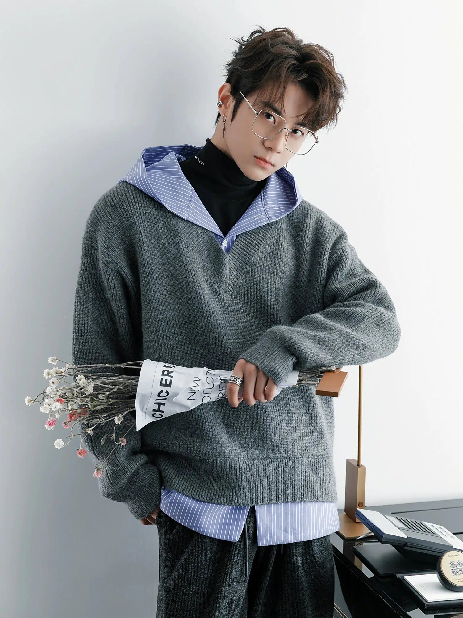 Blue Striped Patchwork Hooded Sweater