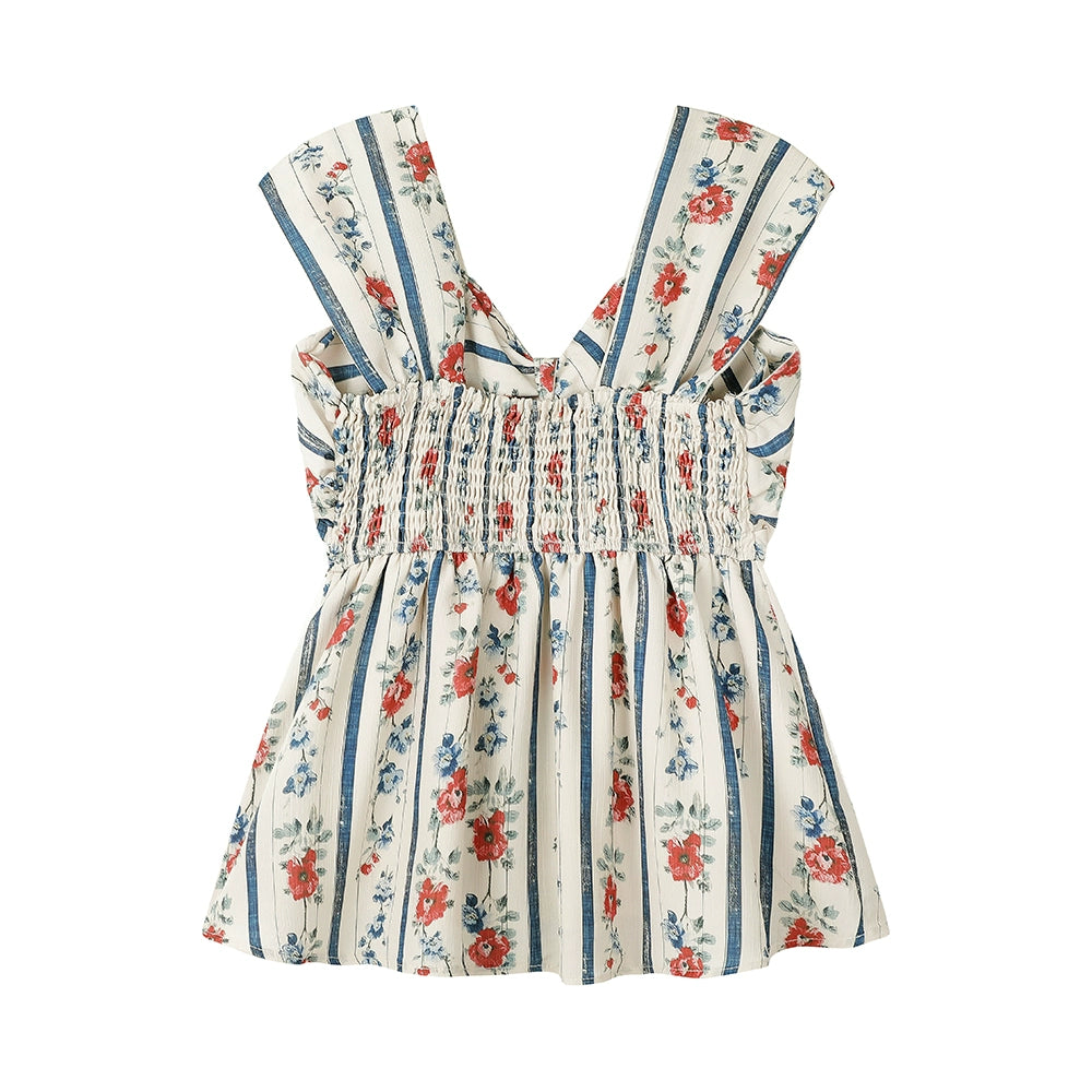 Çiçekli Çizgili Retro Kolsuz Bluz 