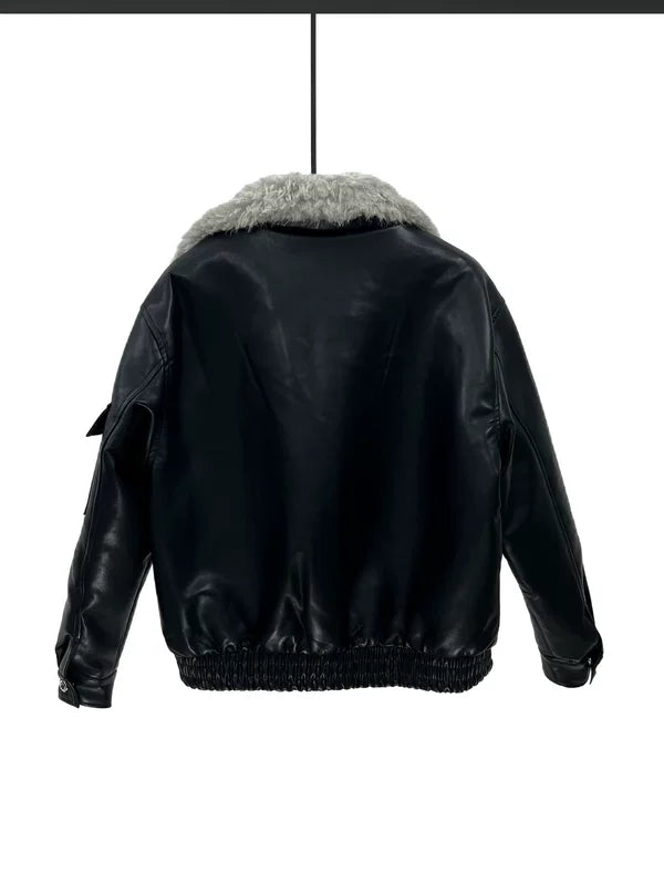 Veste bomber en simili cuir avec col en fourrure 