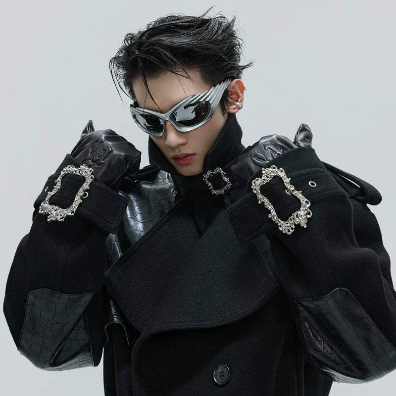 Crocodile-Patterned Wool Long Trench Coat