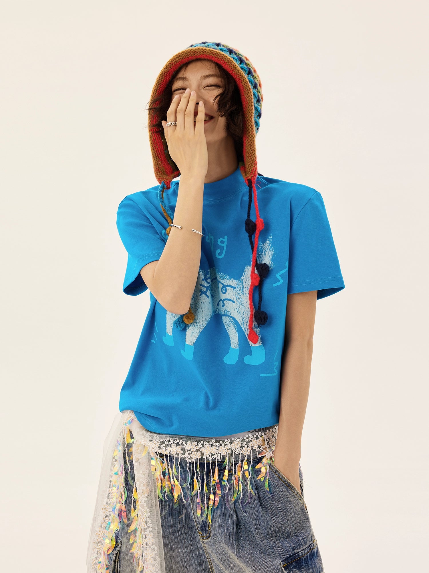 Maglietta in cotone con stampa di Cartoon Cat e colletto a lupetto 