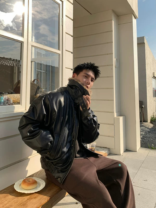 레트로 페이크 양모 칼라 봄버 재킷 