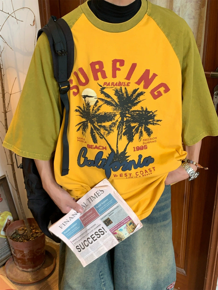 تي شيرت دائري العنق برسومات هاواي الرجعية 