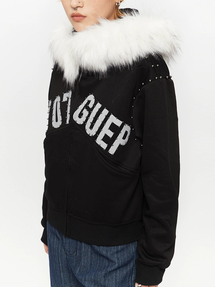 Fur Collar Hooded Letter Print Jacket