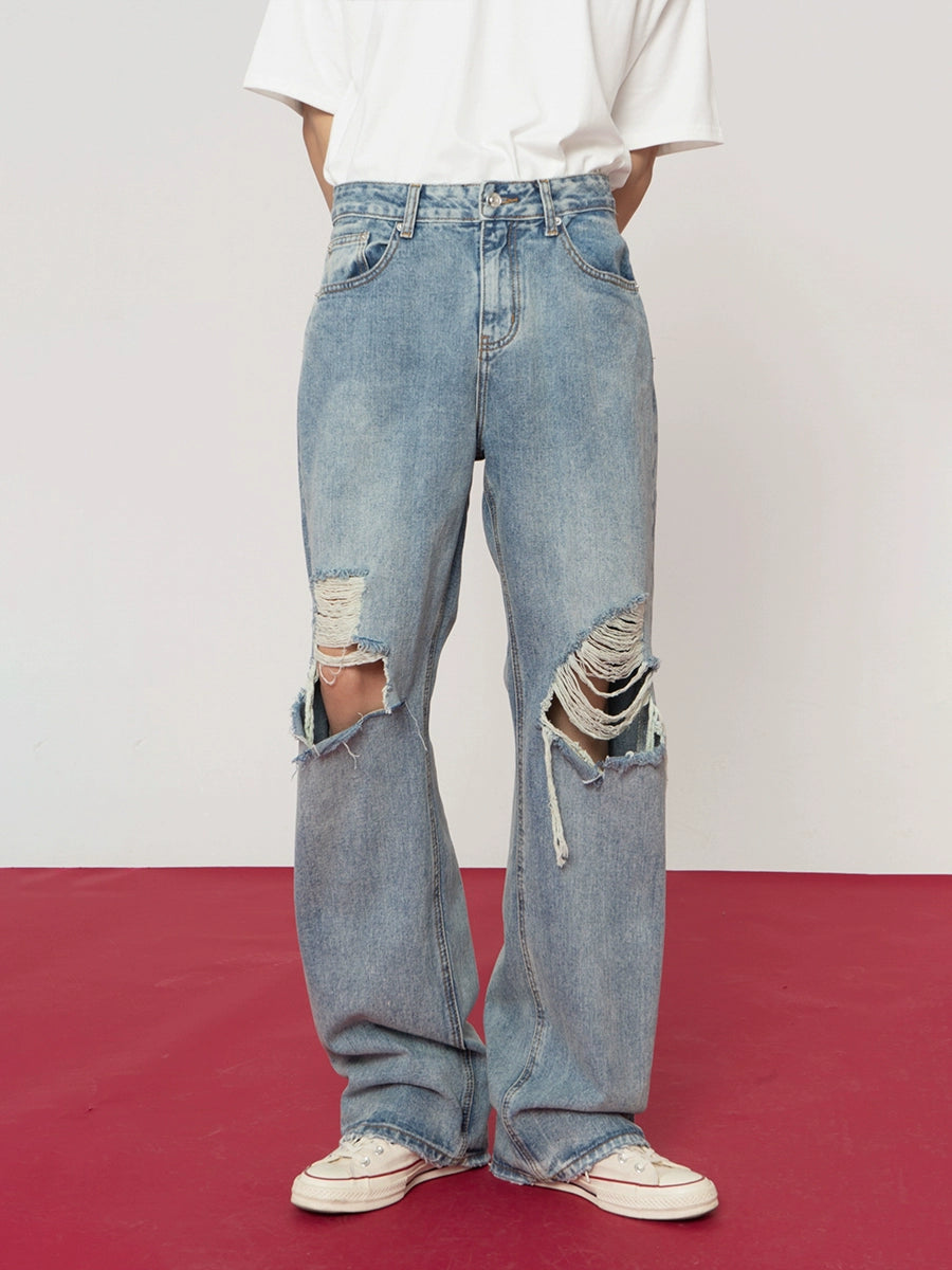 Ripped Loose Straight-Leg Washed Jeans