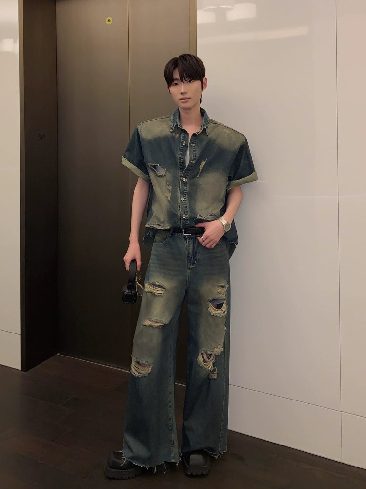 Set di pantaloni e giacca a maniche corte in denim strappato 