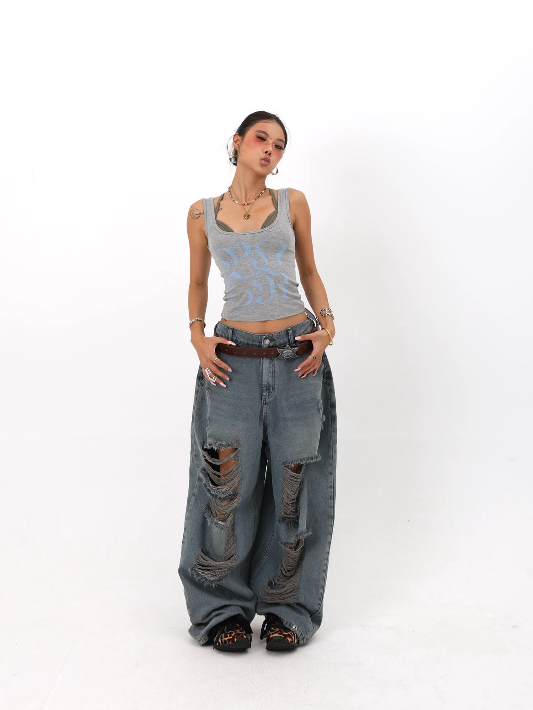 Distressed Ripped Straight Leg Denim Pants