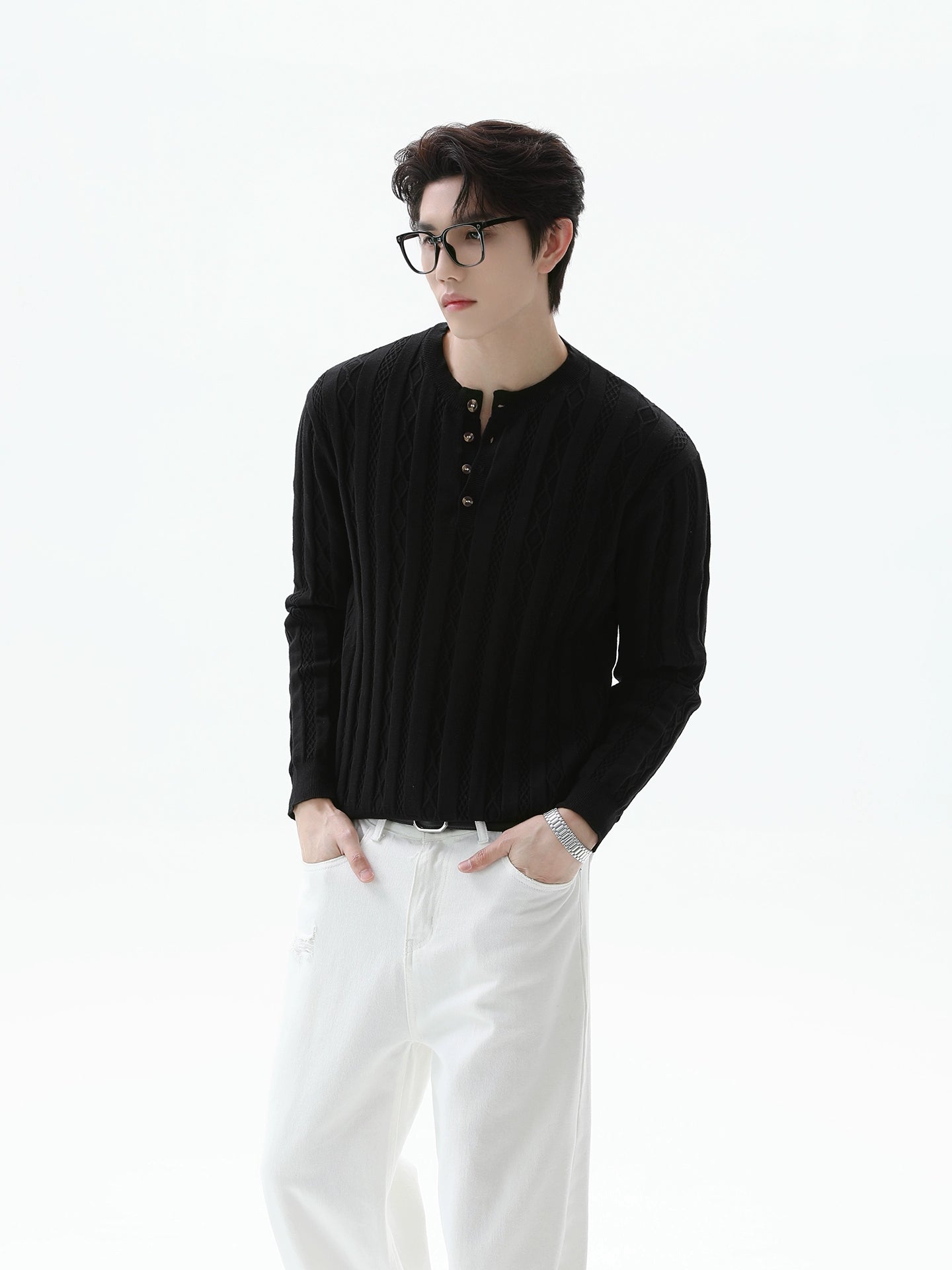 Retro Henley Kablo Örgü Kazak 