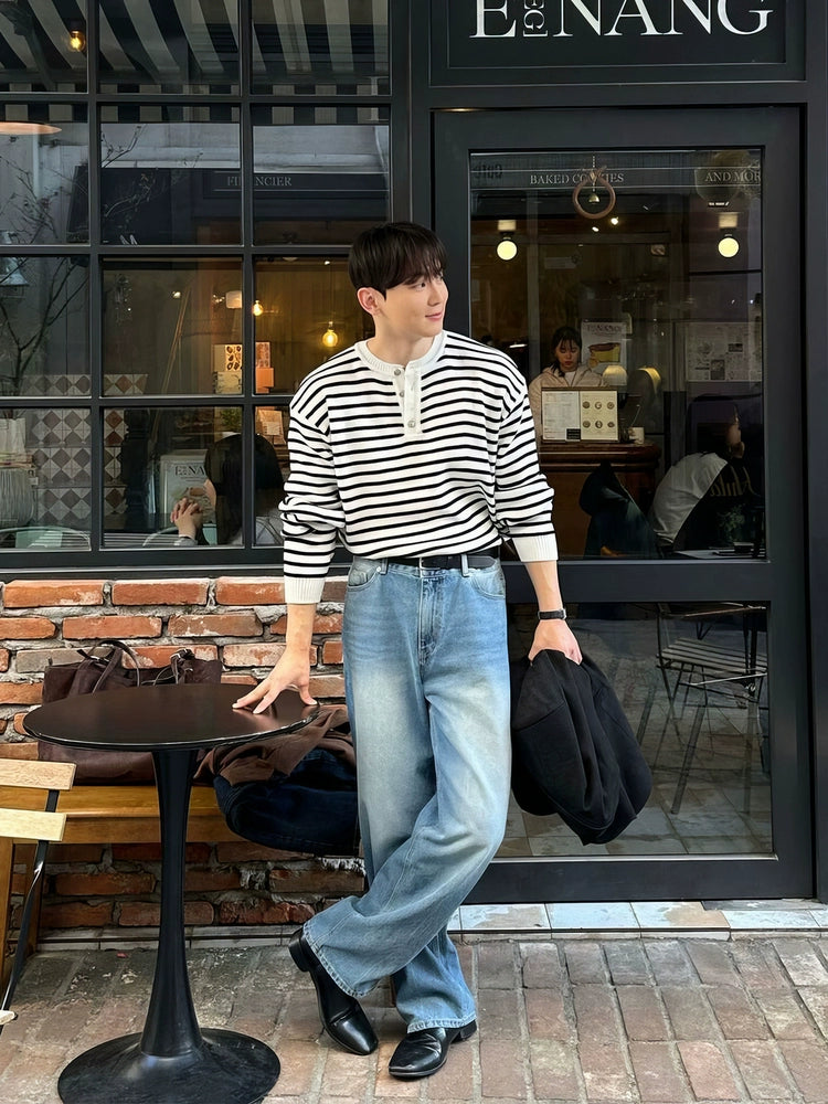 Henley Collar Knit Striped Sweater