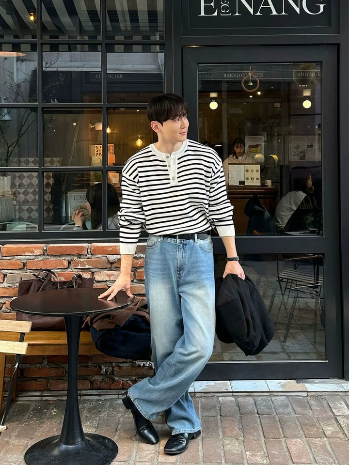 Henley Collar Knit Striped Sweater