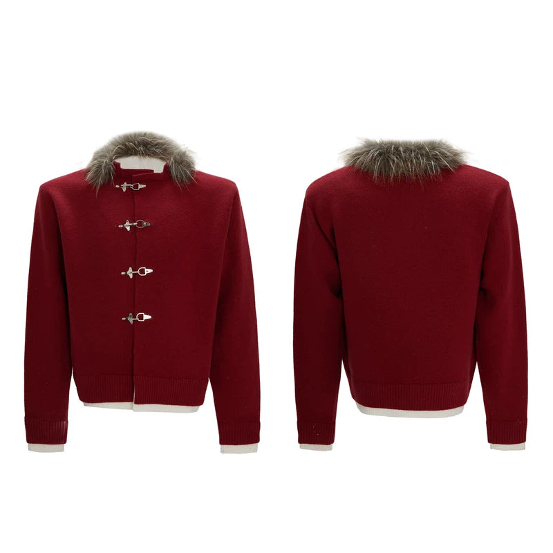 Metal Buttons Fur Collar Knit Sweater