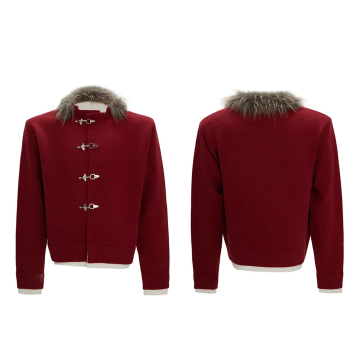 Metal Buttons Fur Collar Knit Sweater
