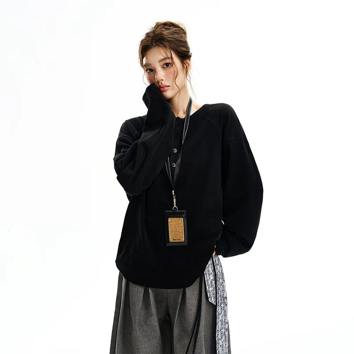 Henley fleece knapp langermet hettegenser 