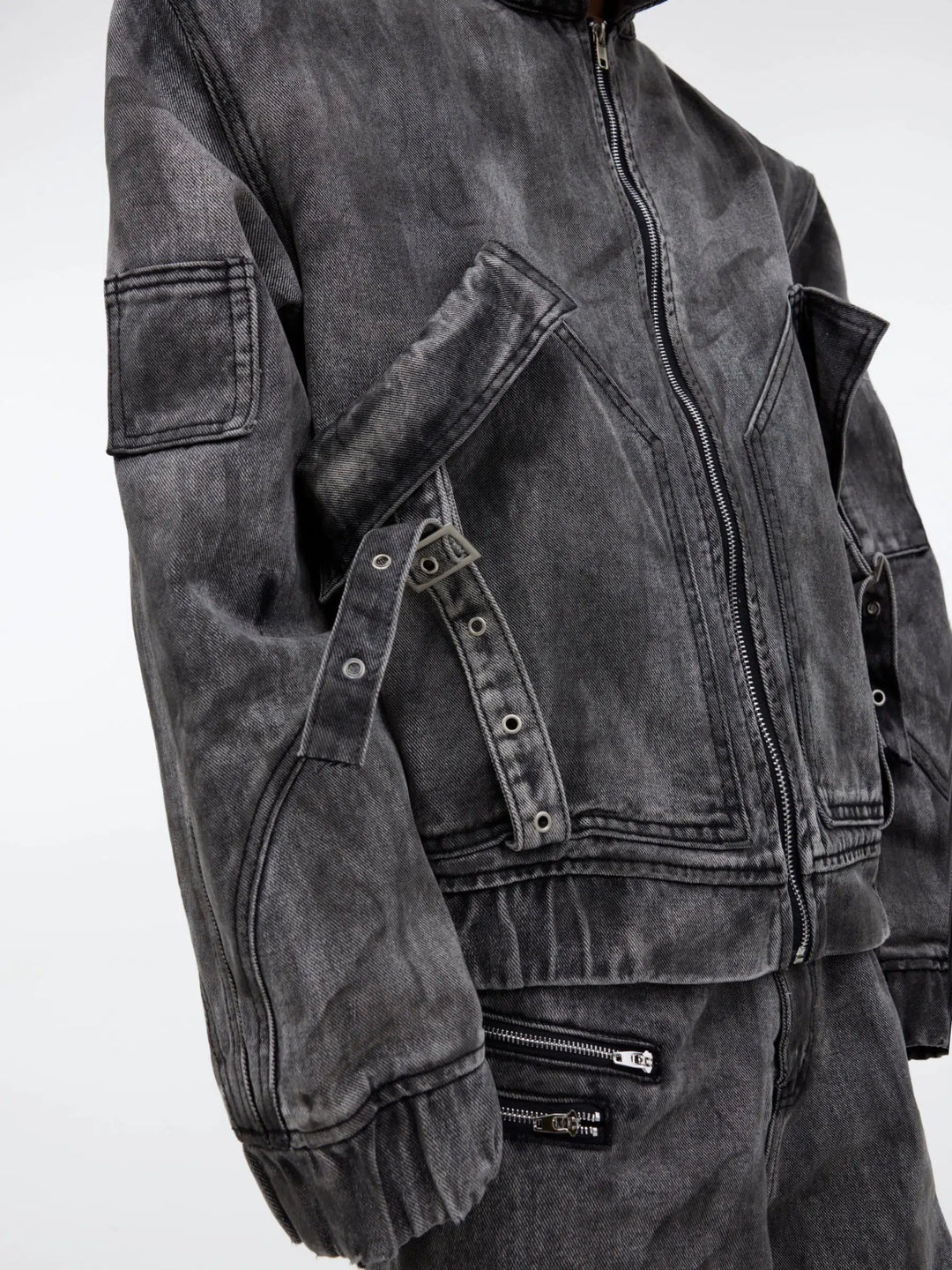 Distressed Zipper Denim Jacket Pants Set