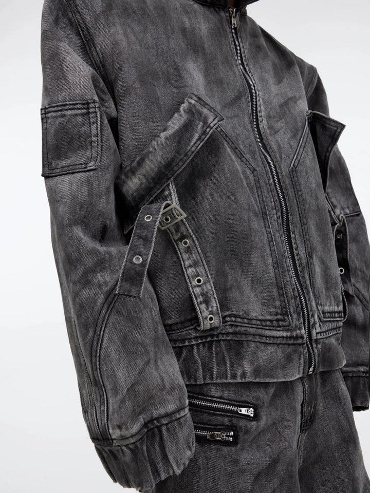 Distressed Zipper Denim Jacket Pants Set