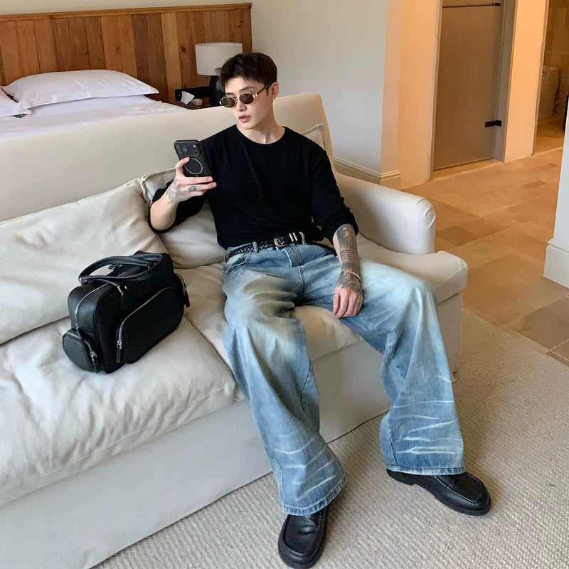 Bamboe Textuur Versleten Losse Rechte Jeans 