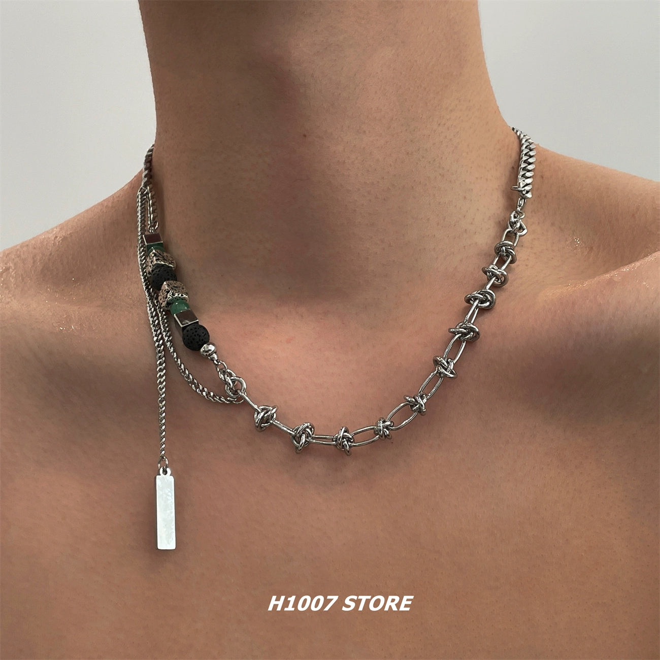 Volcanic Stone Cube Beaded Chain Necklace