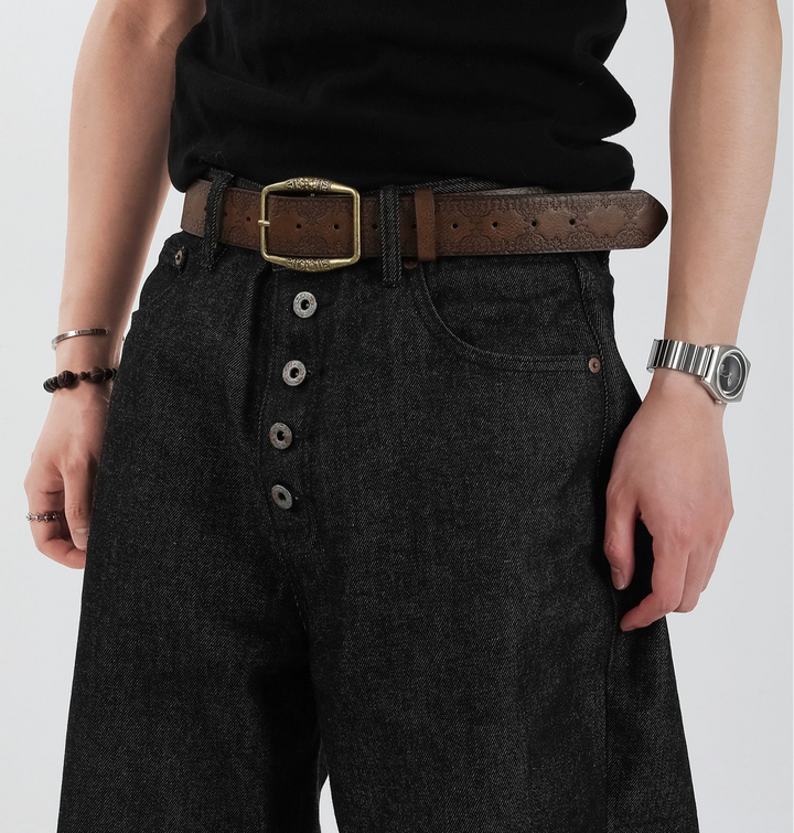 Retro Embossed Distressed Metal Buckle Belt