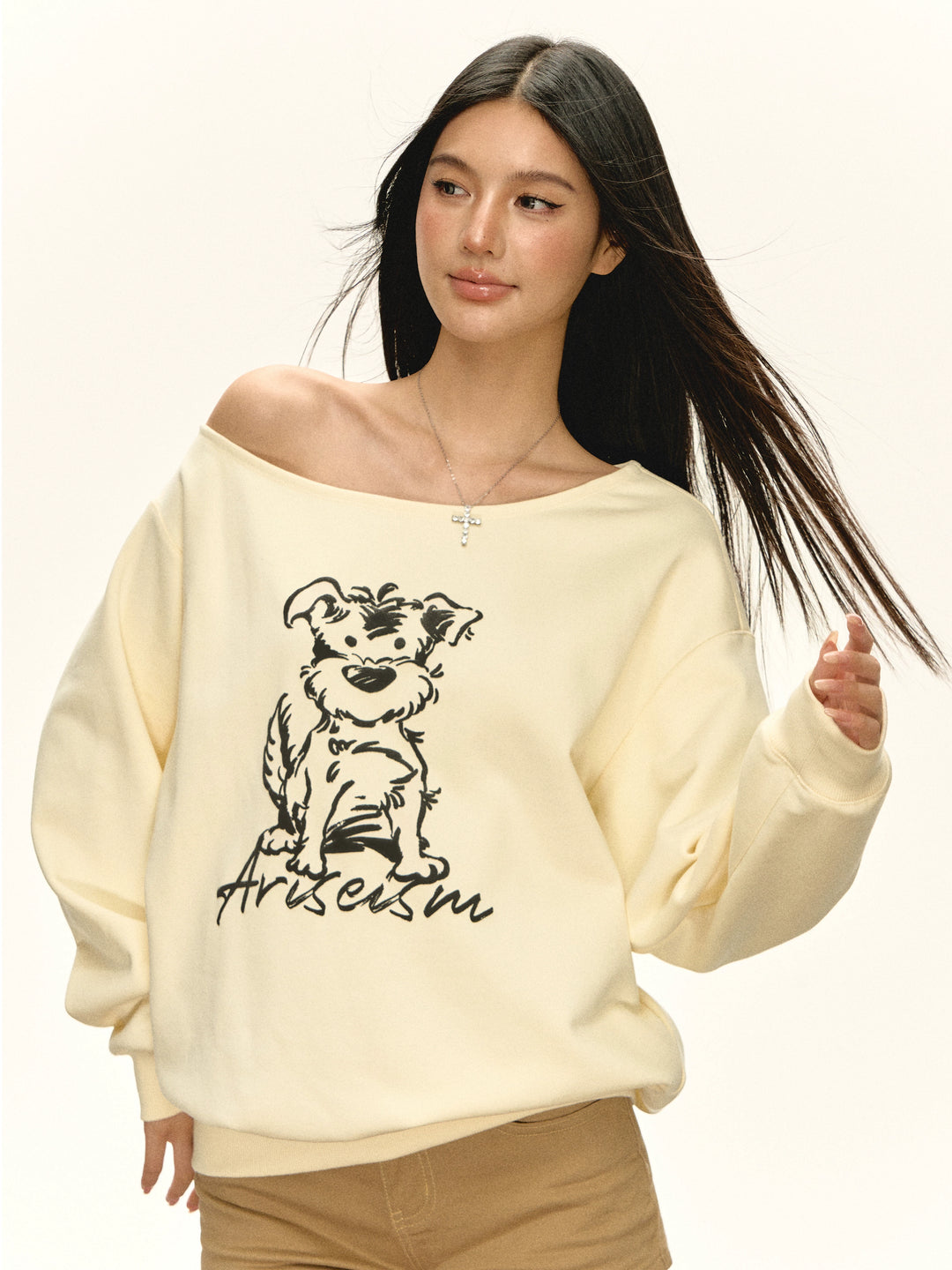 Off Shoulder Dog Graphic Hoodie