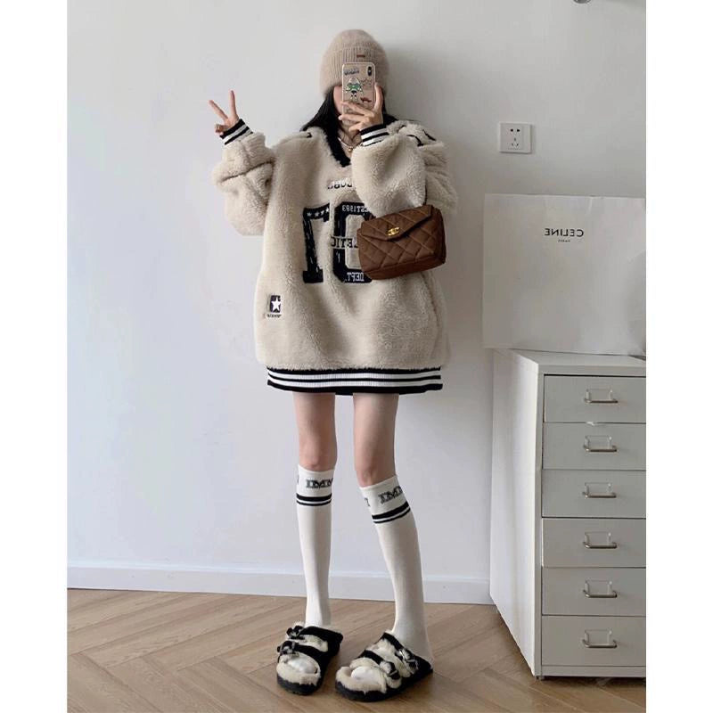 Oversized Sherpa V-Neck Varsity Hoodie