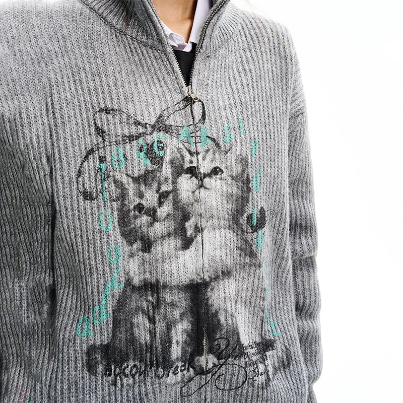 Cardigã de Tricô com Zíper e Estampa de Gato 