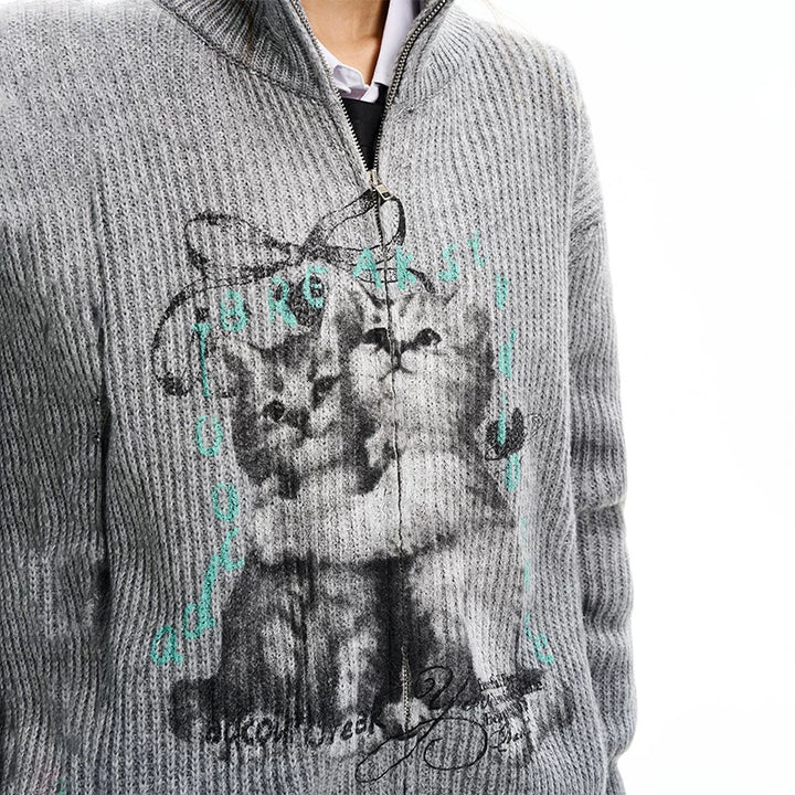 Cardigã de Tricô com Zíper e Estampa de Gato 