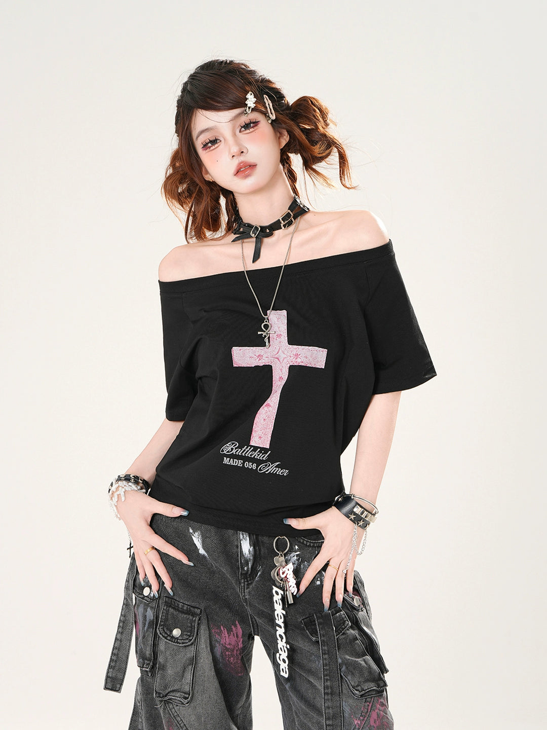 Off Shoulder Cross Graphic Loose T-Shirt
