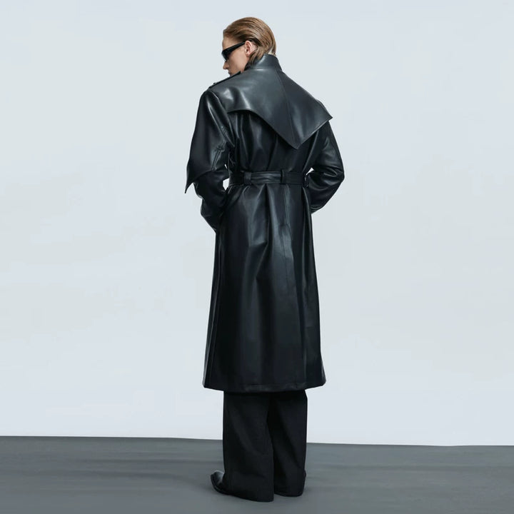Deconstructed Stand Collar Leather Trench