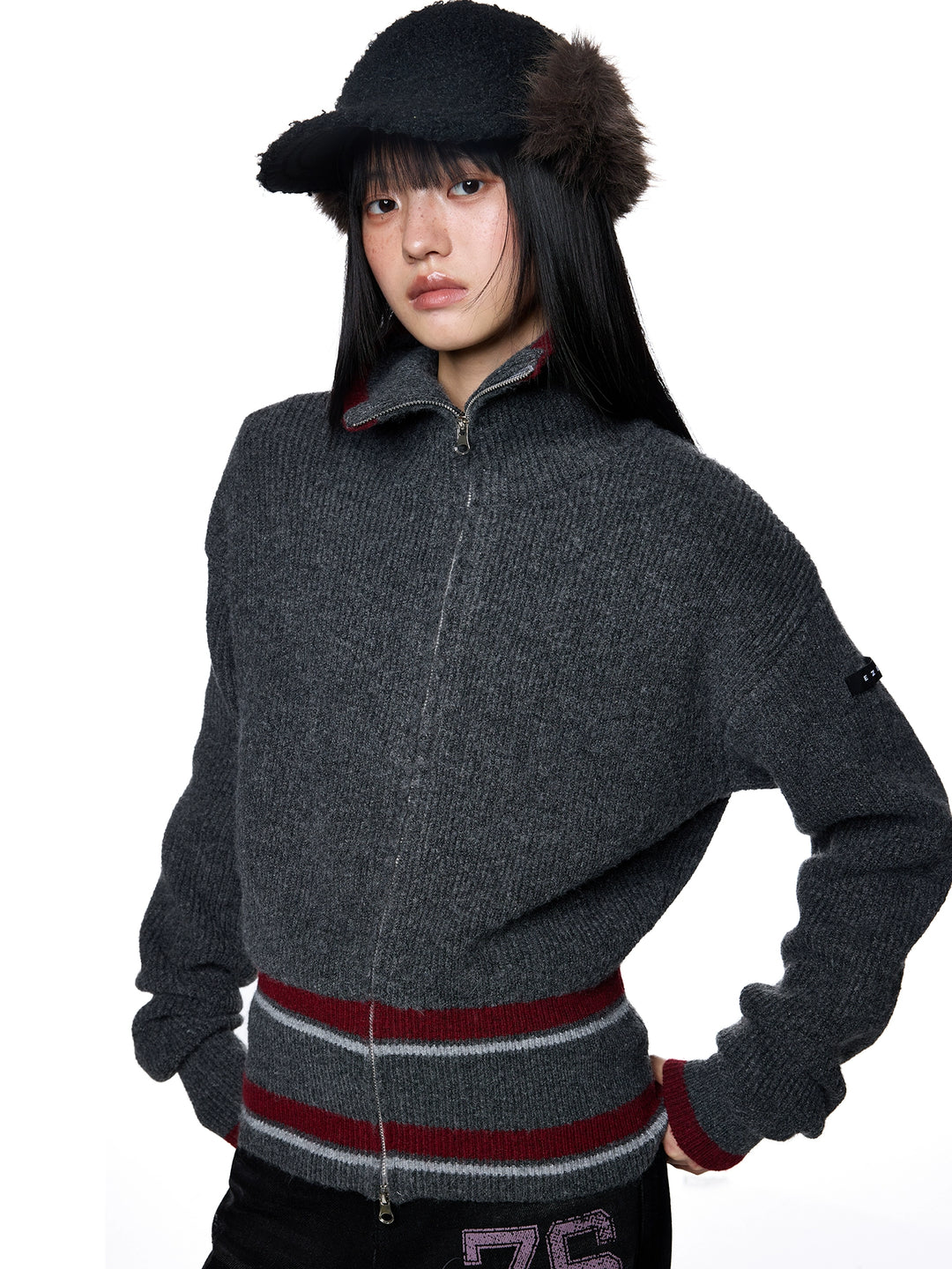 Striped Stand Collar Knit Jacket