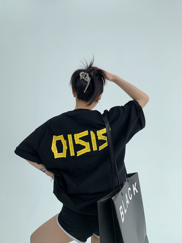 Oversized Cotton Tape Print Short Sleeve T-shirt
