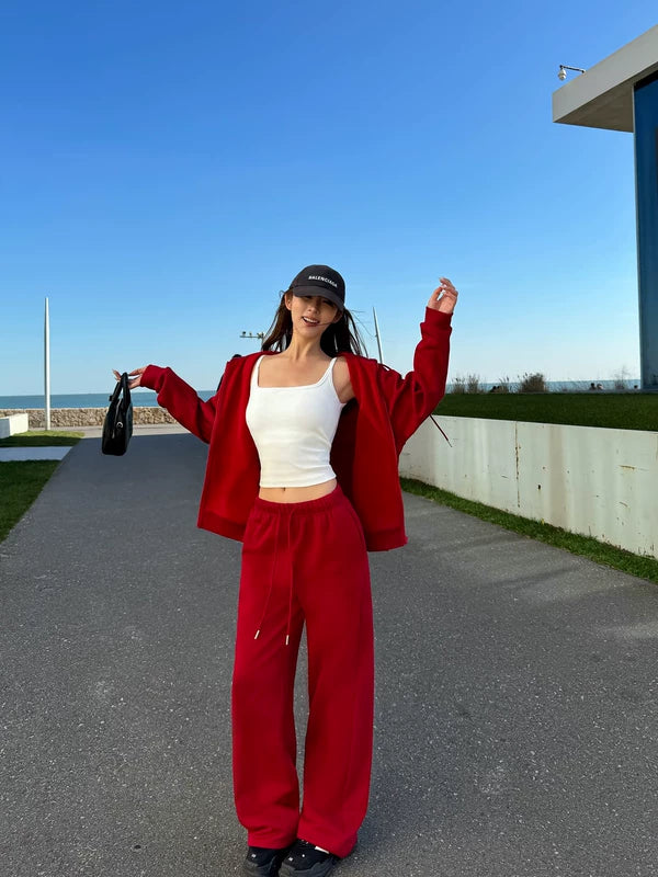 Moletom com capuz e zíper e calças de fleece 