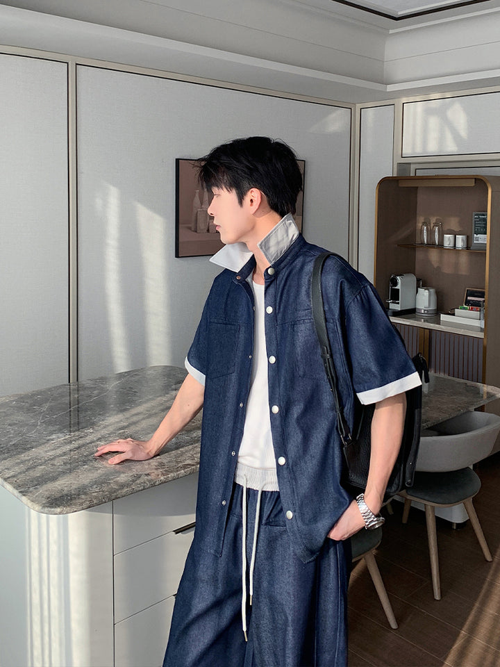 Denim Short-Sleeve Cotton Shirt Suit