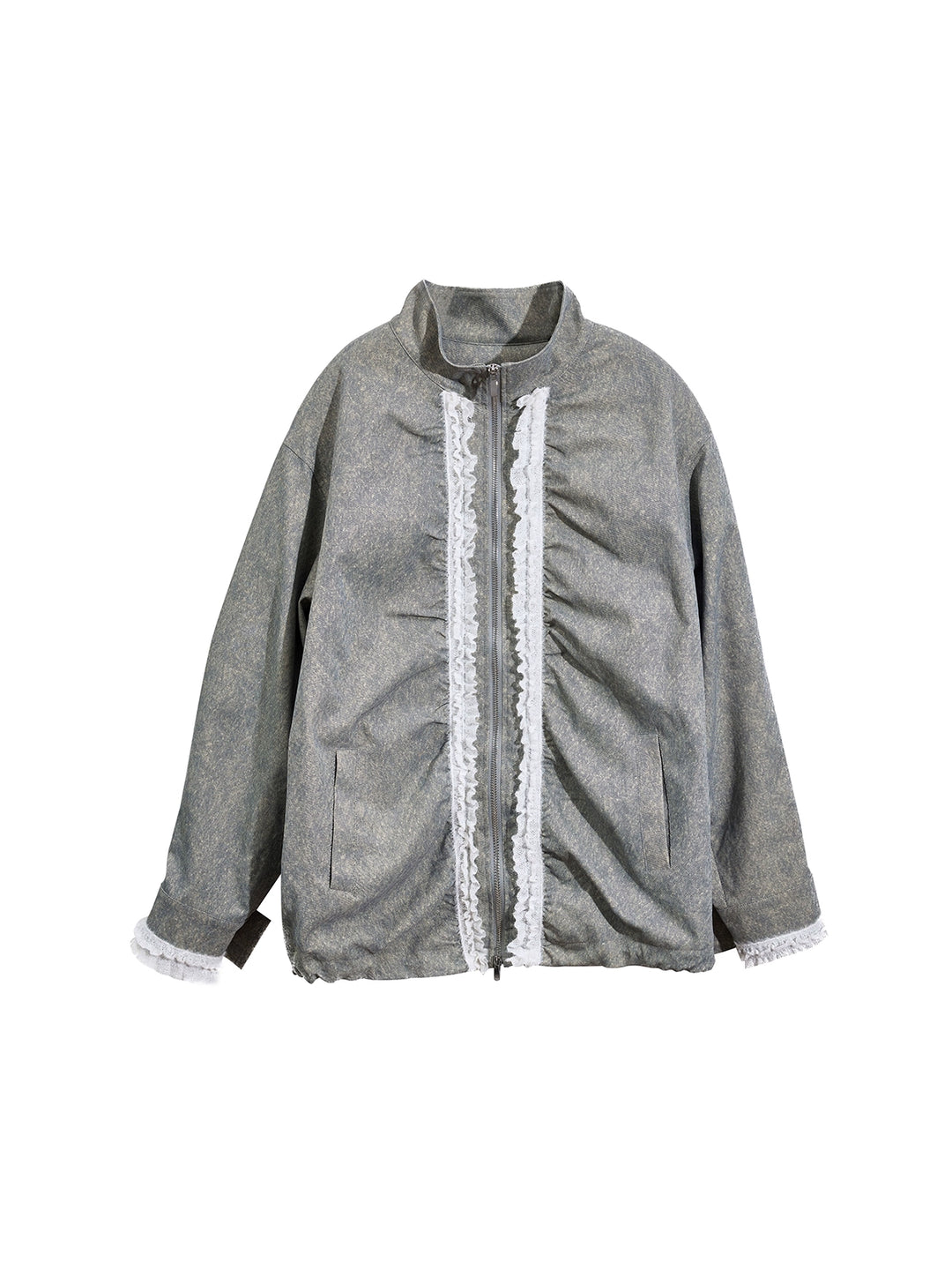 Drawstring Pleated Stand Collar Lace Jacket