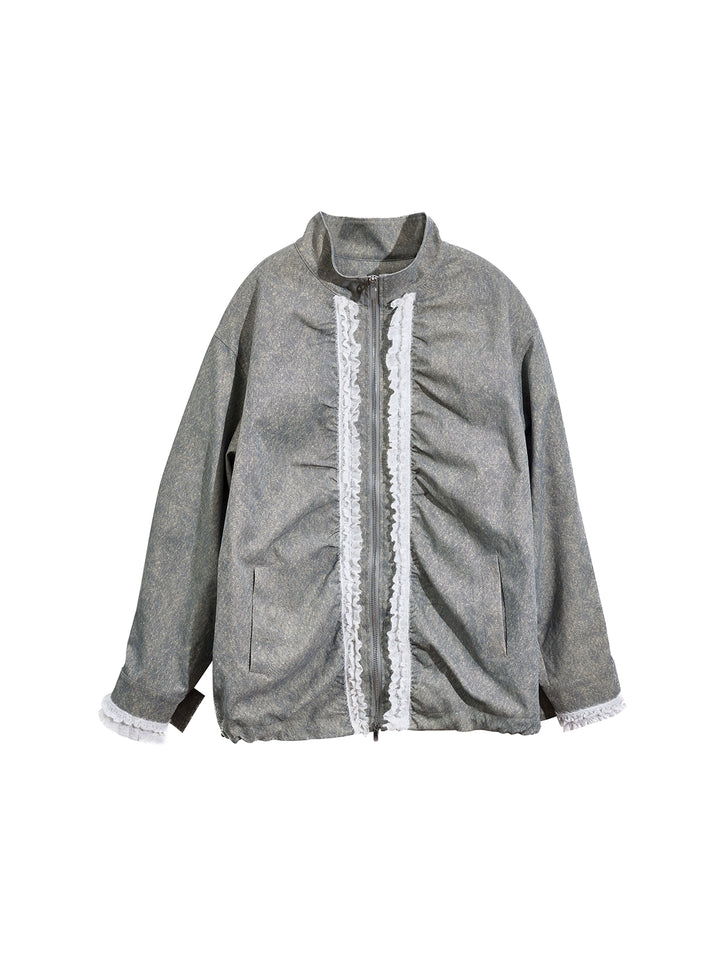 Drawstring Pleated Stand Collar Lace Jacket