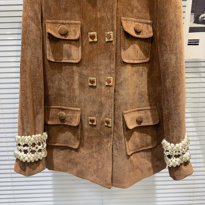 Pearl Cuff Lace Collar Plush Coat