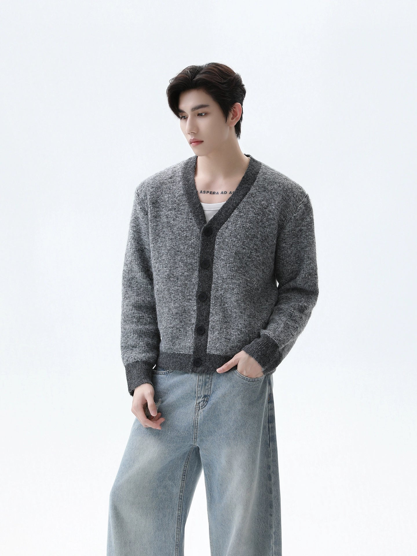 V-yaka Yün Örgü Hırka Kazak Ceket 