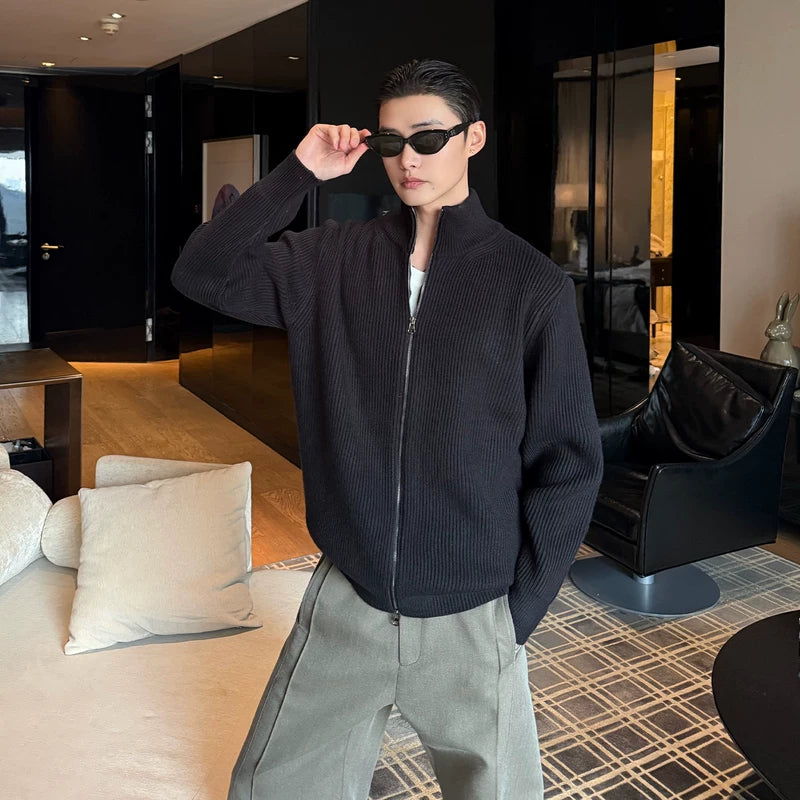 Kanalı Düz Yaka Fermuarlı Örgü Hırka 