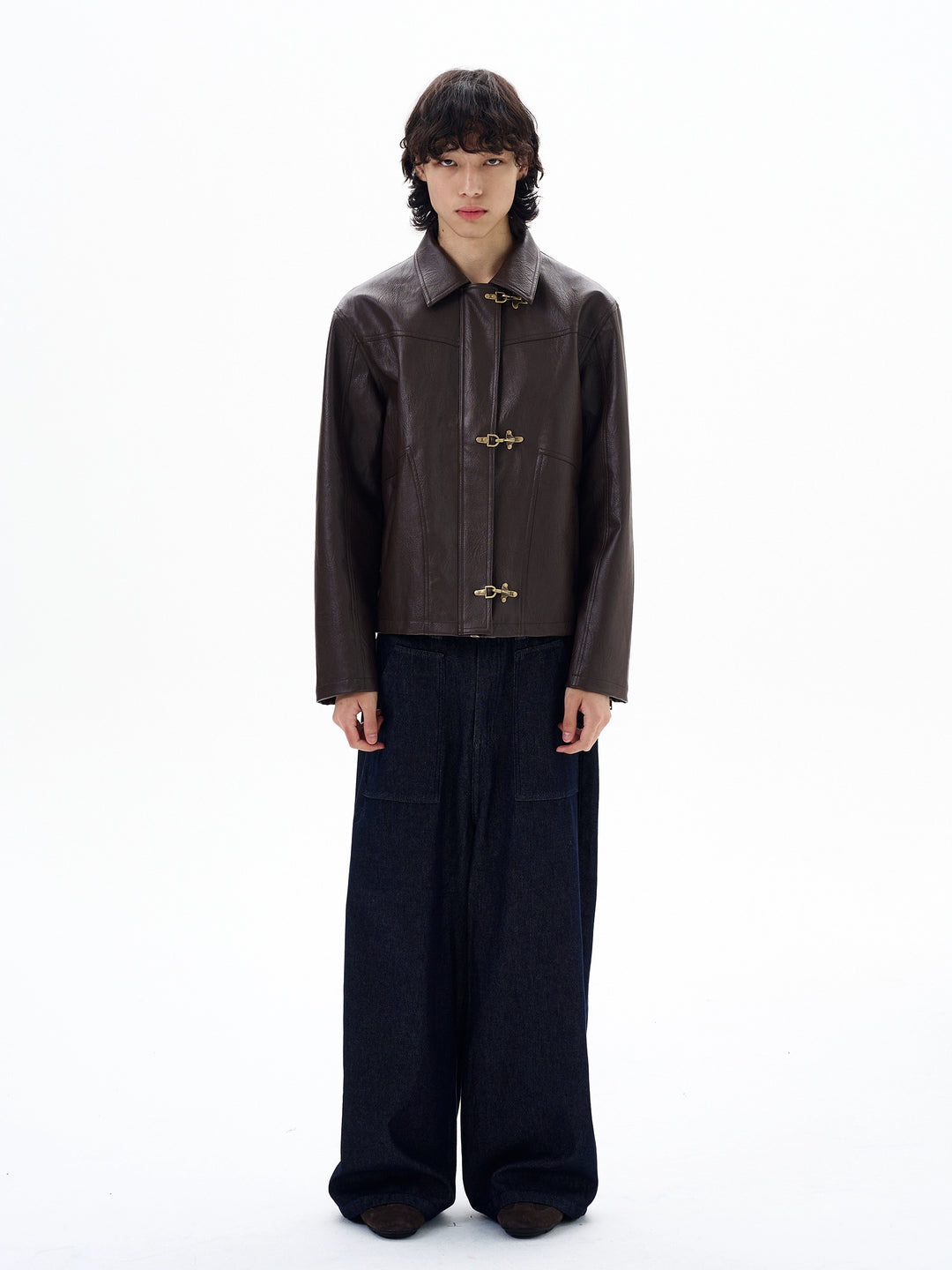 Short Leather Aircraft Button Jacket