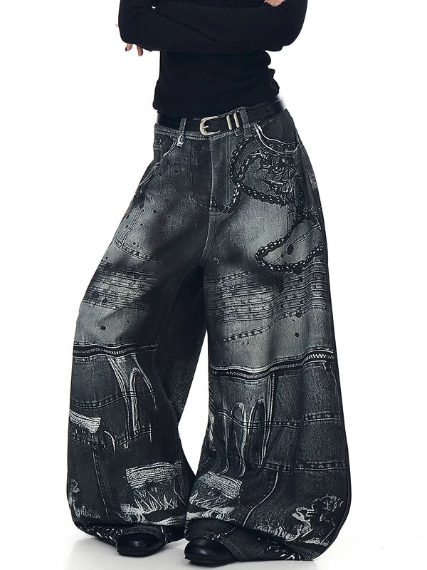 3D Baskılı Eski Görünümlü Geniş Paça Kot Pantolon 