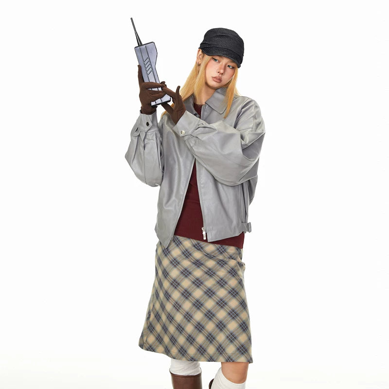 Embroidered Zipper Collar Leather Jacket